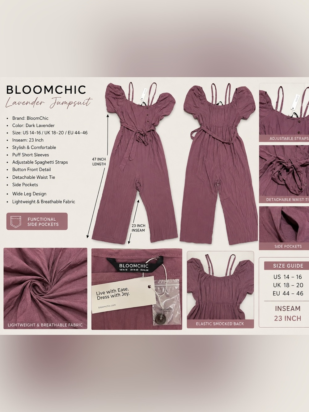 BloomChic Mauve Wide-Leg Jumpsuit 23”inseam US 14-16 UK 18-20